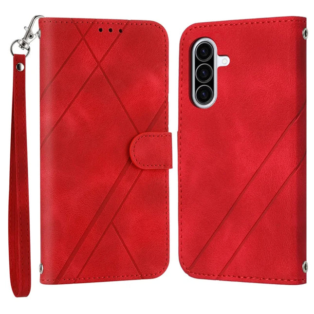 For Samsung Galaxy A26 5G Case Imprinted Line Leather Phone Cover with Handy Strap - Red