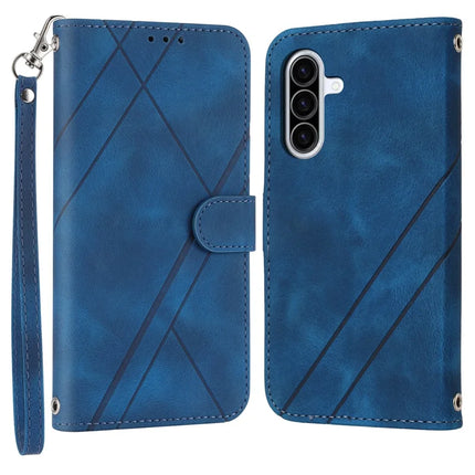 For Samsung Galaxy A26 5G Case Imprinted Line Leather Phone Cover with Handy Strap - Blue