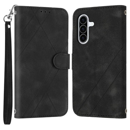 For Samsung Galaxy A26 5G Case Imprinted Line Leather Phone Cover with Handy Strap - Black