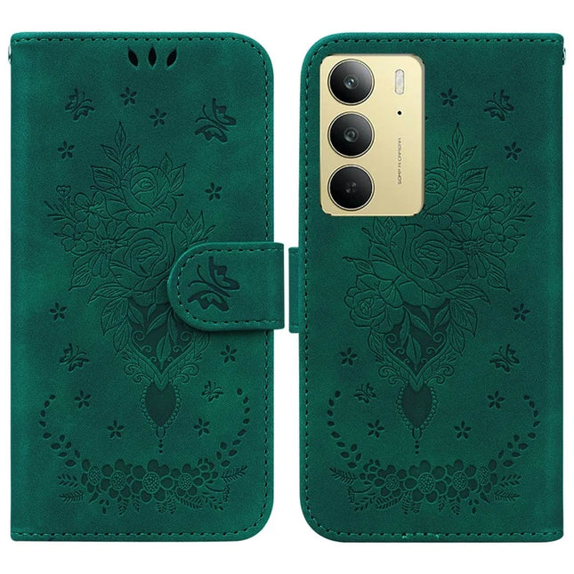 For Realme C75 Case PU Leather Wallet Phone Cover Butterfly Flower Imprint - Green