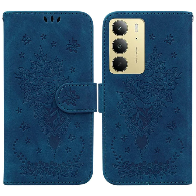 For Realme C75 Case PU Leather Wallet Phone Cover Butterfly Flower Imprint - Blue