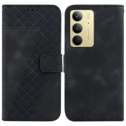 For Realme C75 Stand Case 7-Shaped Pattern Imprint Leather Phone Cover - Black