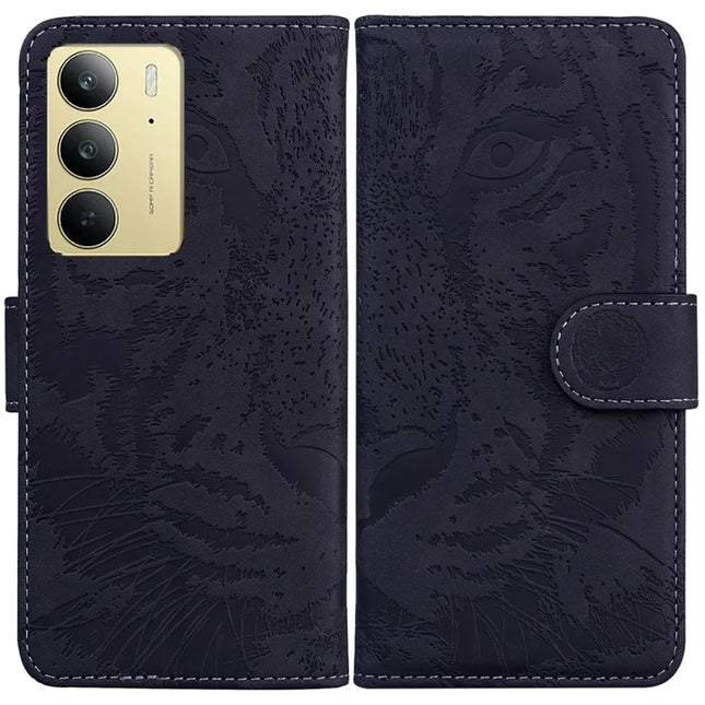For Realme C75 Case Tiger Imprint Leather Wallet Phone Cover - Black