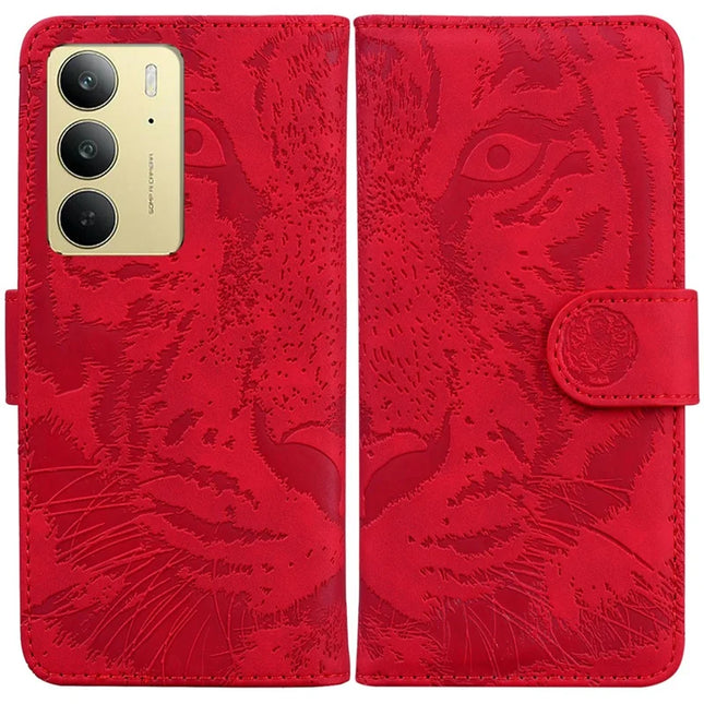 For Realme C75 Case Tiger Imprint Leather Wallet Phone Cover - Red