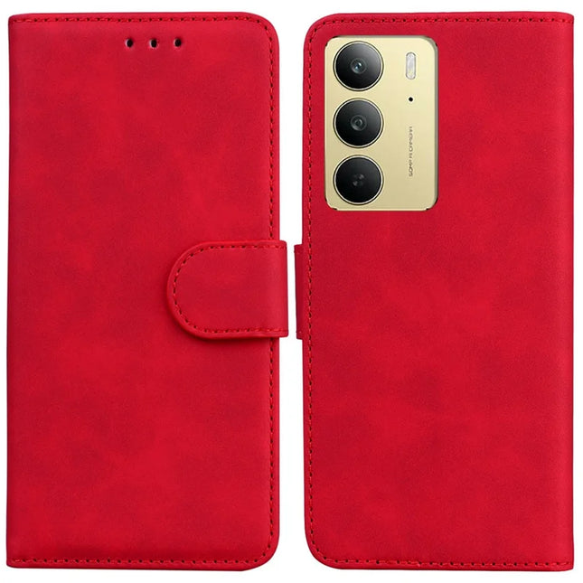 For Realme C75 Case Solid Color Leather Wallet Phone Cover - Red