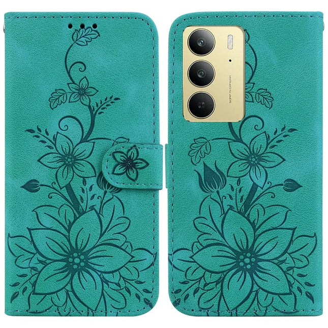 For Realme C75 Case Lily Flower Imprint Leather Phone Cover with Stand - Green