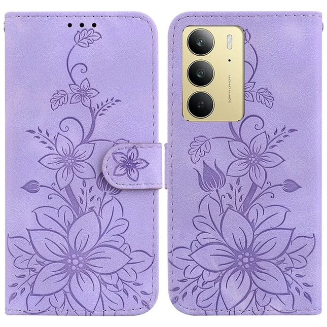 For Realme C75 Case Lily Flower Imprint Leather Phone Cover with Stand - Purple