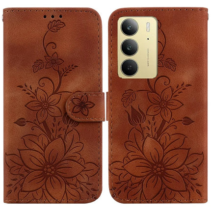 For Realme C75 Case Lily Flower Imprint Leather Phone Cover with Stand - Brown