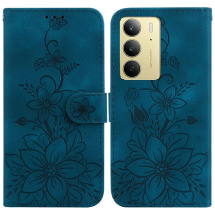 For Realme C75 Case Lily Flower Imprint Leather Phone Cover with Stand - Dark Blue
