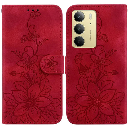 For Realme C75 Case Lily Flower Imprint Leather Phone Cover with Stand - Red