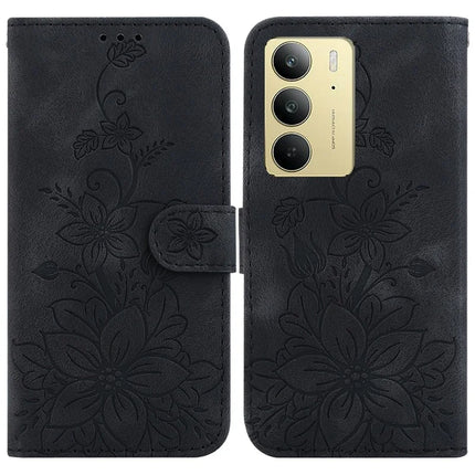 For Realme C75 Case Lily Flower Imprint Leather Phone Cover with Stand - Black