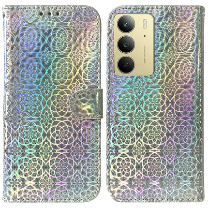 For Realme C75 Stand Case Dazzling Flower Leather Phone Cover - Grey