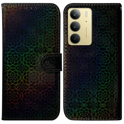For Realme C75 Stand Case Dazzling Flower Leather Phone Cover - Black