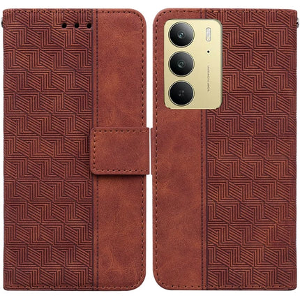 For Realme C75 Case Geometry Pattern Leather Wallet Phone Cover - Brown