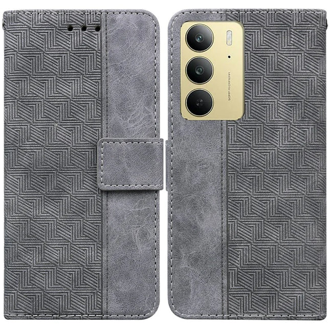 For Realme C75 Case Geometry Pattern Leather Wallet Phone Cover - Grey