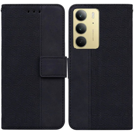 For Realme C75 Case Geometry Pattern Leather Wallet Phone Cover - Black