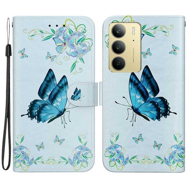For Realme C75 Wallet Phone Case Anti-Drop Leather Flip Cover Pattern Printing - Blue Butterfly Flower