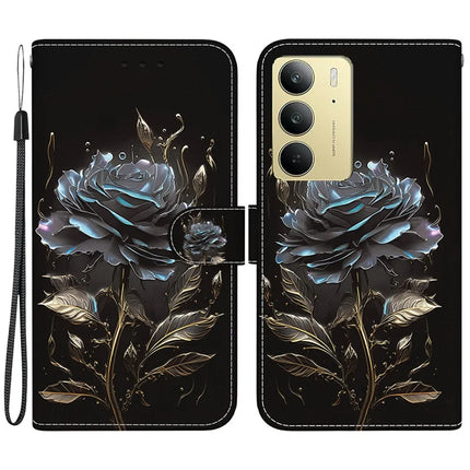 For Realme C75 Wallet Phone Case Anti-Drop Leather Flip Cover Pattern Printing - Black Rose