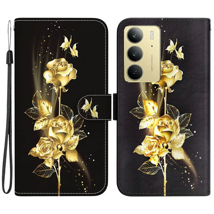 For Realme C75 Wallet Phone Case Anti-Drop Leather Flip Cover Pattern Printing - Gold Butterfly Rose