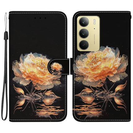 For Realme C75 Wallet Phone Case Anti-Drop Leather Flip Cover Pattern Printing - Gold Peony