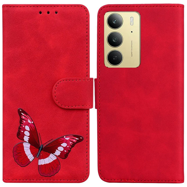 For Realme C75 Stand Case PU Leather Phone Cover Butterfly Printed - Red