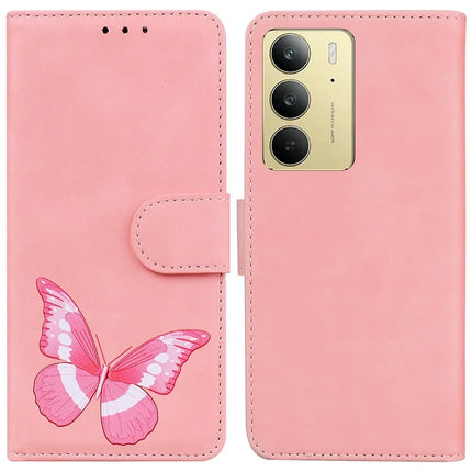 For Realme C75 Stand Case PU Leather Phone Cover Butterfly Printed - Pink