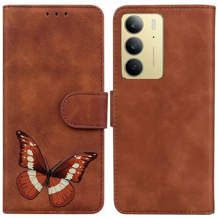 For Realme C75 Stand Case PU Leather Phone Cover Butterfly Printed - Brown