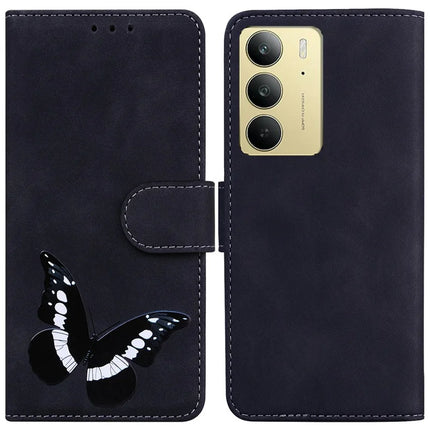 For Realme C75 Stand Case PU Leather Phone Cover Butterfly Printed - Black