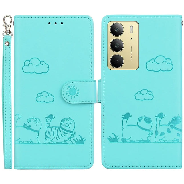 For Realme C75 Case RFID Blocking Kitten Pattern TPU+PU Leather Phone Cover - Green