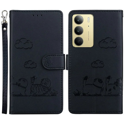 For Realme C75 Case RFID Blocking Kitten Pattern TPU+PU Leather Phone Cover - Black