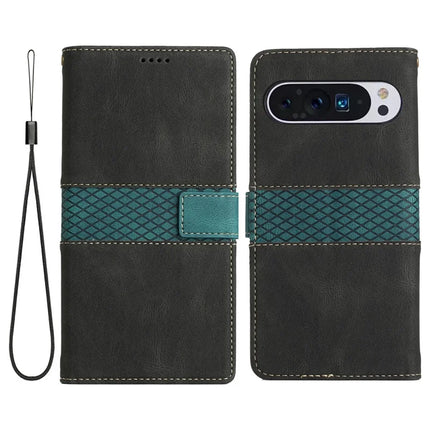 For Google Pixel 9 Pro XL Leather Case Grid Splicing Stand Wallet Phone Cover - Black