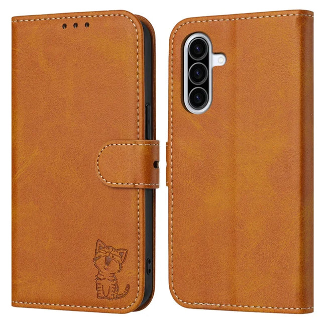 For Samsung Galaxy A26 5G Case Happy Cat Pattern Imprinted Leather Wallet Phone Cover - Yellow