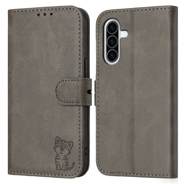 For Samsung Galaxy A26 5G Case Happy Cat Pattern Imprinted Leather Wallet Phone Cover - Grey