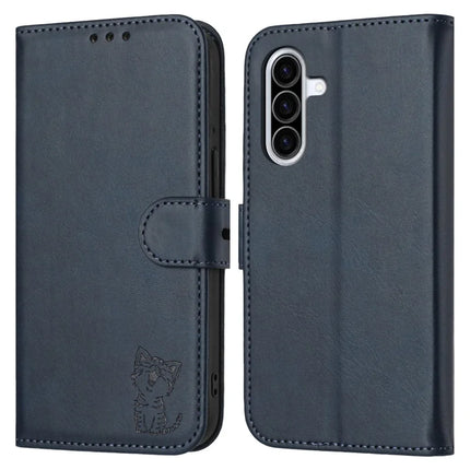 For Samsung Galaxy A26 5G Case Happy Cat Pattern Imprinted Leather Wallet Phone Cover - Blue