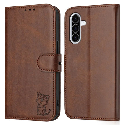 For Samsung Galaxy A26 5G Case Happy Cat Pattern Imprinted Leather Wallet Phone Cover - Brown