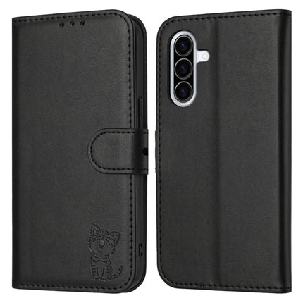 For Samsung Galaxy A26 5G Case Happy Cat Pattern Imprinted Leather Wallet Phone Cover - Black