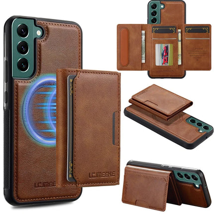 LC.IMEEKE L5 For Samsung	Galaxy S22 5G Magnetic Phone Case Leather Back Cover with Detachable Card Holder - Brown