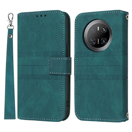 For Huawei Mate 70 Case Wallet Skin-Touch Leather Imprinted Phone Cover - Blackish Green