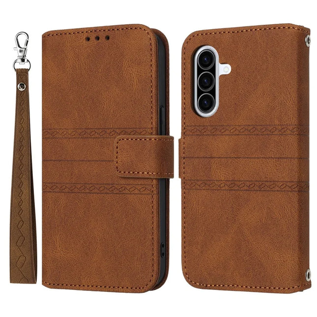 For Samsung Galaxy A56 5G Case Wallet Skin-Touch Leather Imprinted Phone Cover - Brown