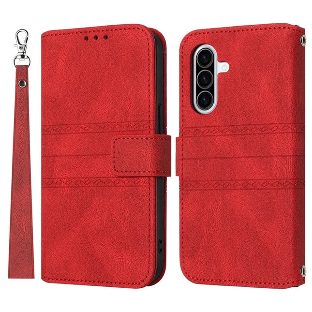 For Samsung Galaxy A56 5G Case Wallet Skin-Touch Leather Imprinted Phone Cover - Red