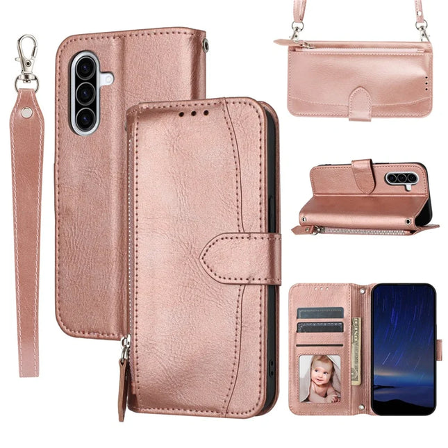 For Samsung Galaxy A26 5G Case Zipper Pocket Leather Phone Cover with Crossbody Shoulder Strap - Rose Gold
