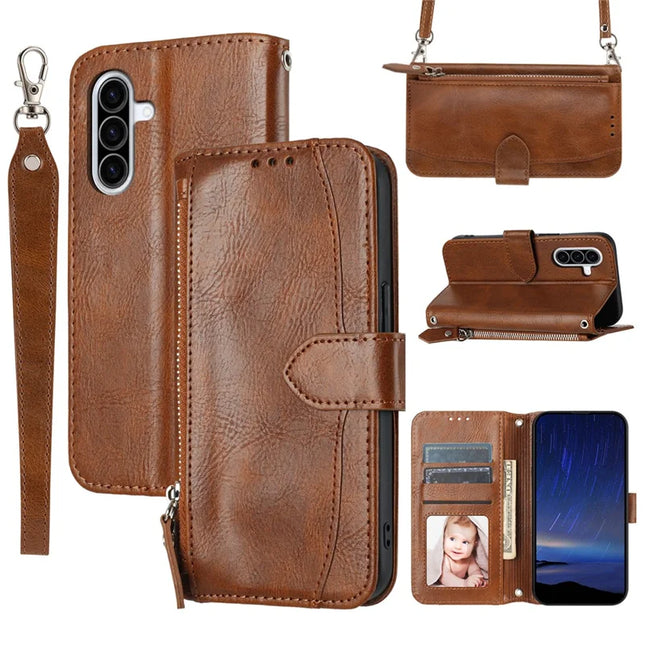 For Samsung Galaxy A26 5G Case Zipper Pocket Leather Phone Cover with Crossbody Shoulder Strap - Brown