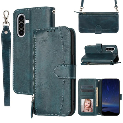 For Samsung Galaxy A26 5G Case Zipper Pocket Leather Phone Cover with Crossbody Shoulder Strap - Blackish Green