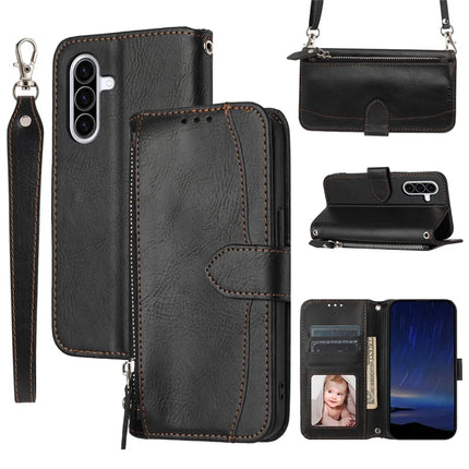For Samsung Galaxy A26 5G Case Zipper Pocket Leather Phone Cover with Crossbody Shoulder Strap - Black