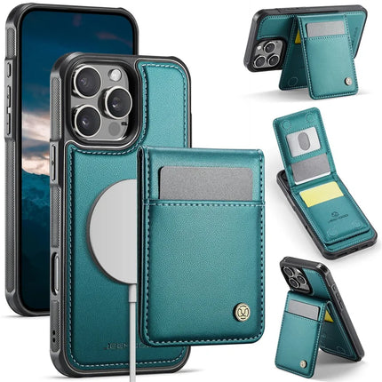 For iPhone 16 Pro JEEHOOD J06 Leather Back Cover Compatible with MagSafe Detachable Card Bag RFID Blocking - Blue