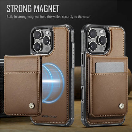 For iPhone 16 Pro JEEHOOD J06 Leather Back Cover Compatible with MagSafe Detachable Card Bag RFID Blocking