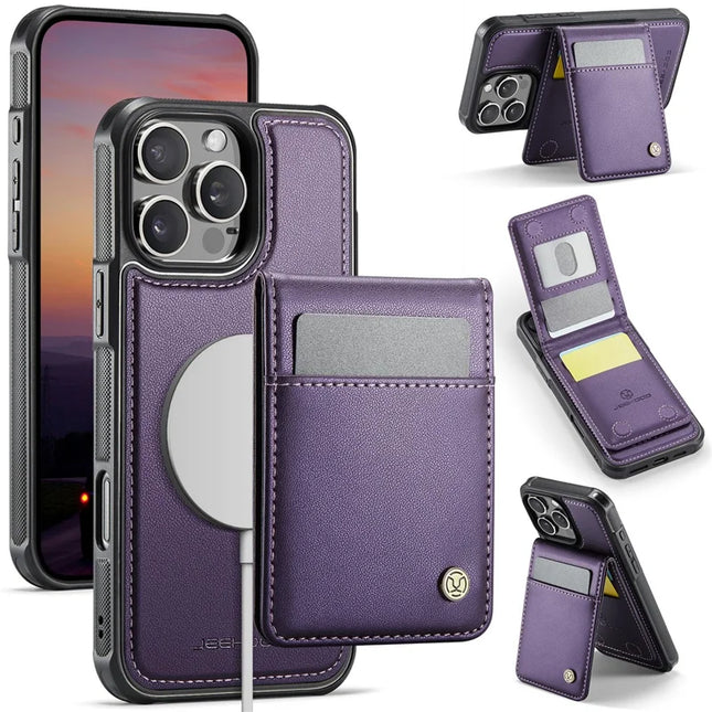 For iPhone 16 Pro Max JEEHOOD J06 Leather Back Cover Compatible with MagSafe Detachable Card Bag RFID Blocking - Purple