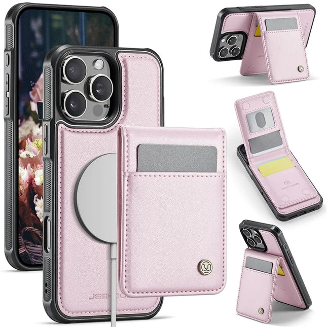 For iPhone 16 Pro Max JEEHOOD J06 Leather Back Cover Compatible with MagSafe Detachable Card Bag RFID Blocking - Pink