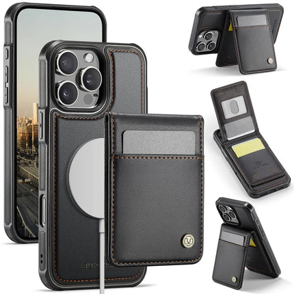 For iPhone 16 Pro Max JEEHOOD J06 Leather Back Cover Compatible with MagSafe Detachable Card Bag RFID Blocking - Black