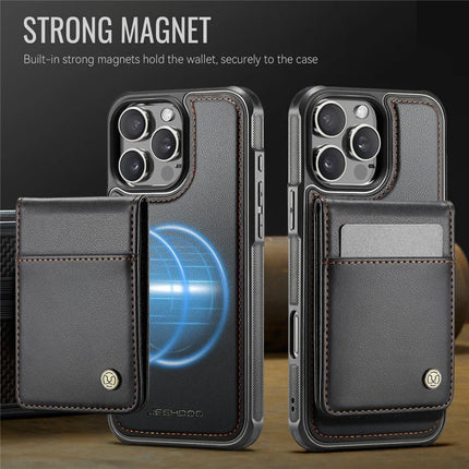 For iPhone 16 Pro Max JEEHOOD J06 Leather Back Cover Compatible with MagSafe Detachable Card Bag RFID Blocking